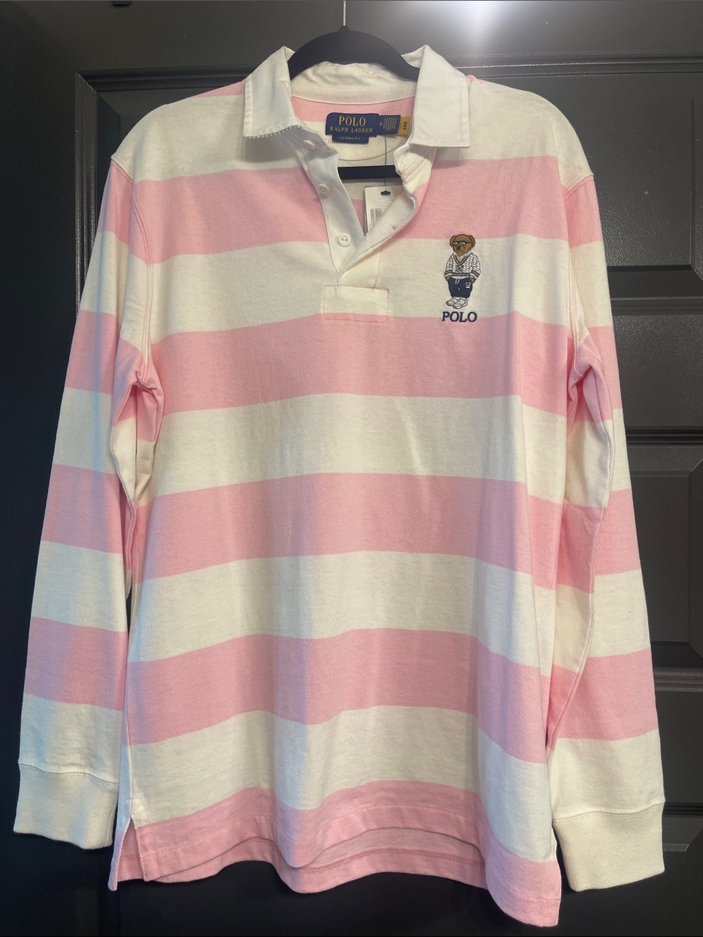 Polo by Ralph Lauren Pink and White Striped Rugby Shirt with Polo Bear